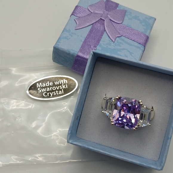 Purple Swarovski Crystal Cushion Cut Ring Silver Tone Statement - Picture 3 of 12